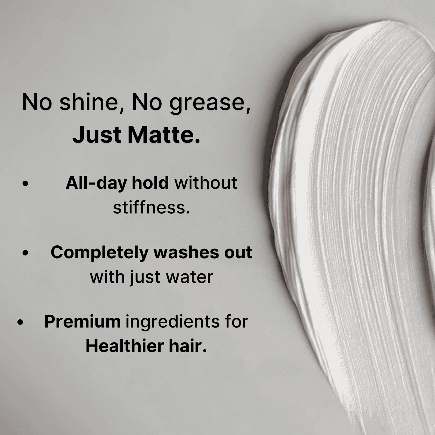 Text describing hair product features with a close-up of hair texture on a gray background