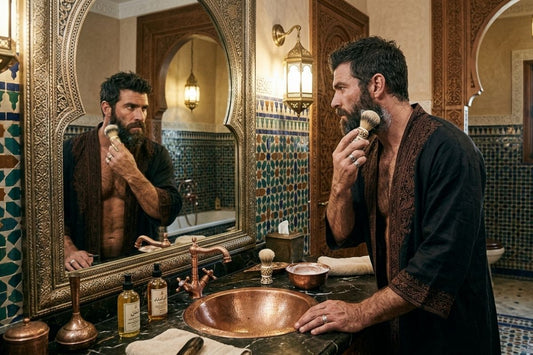 Well-groomed man shaving his beard in an elegant Mediterranean-style bathroom with classic grooming tools