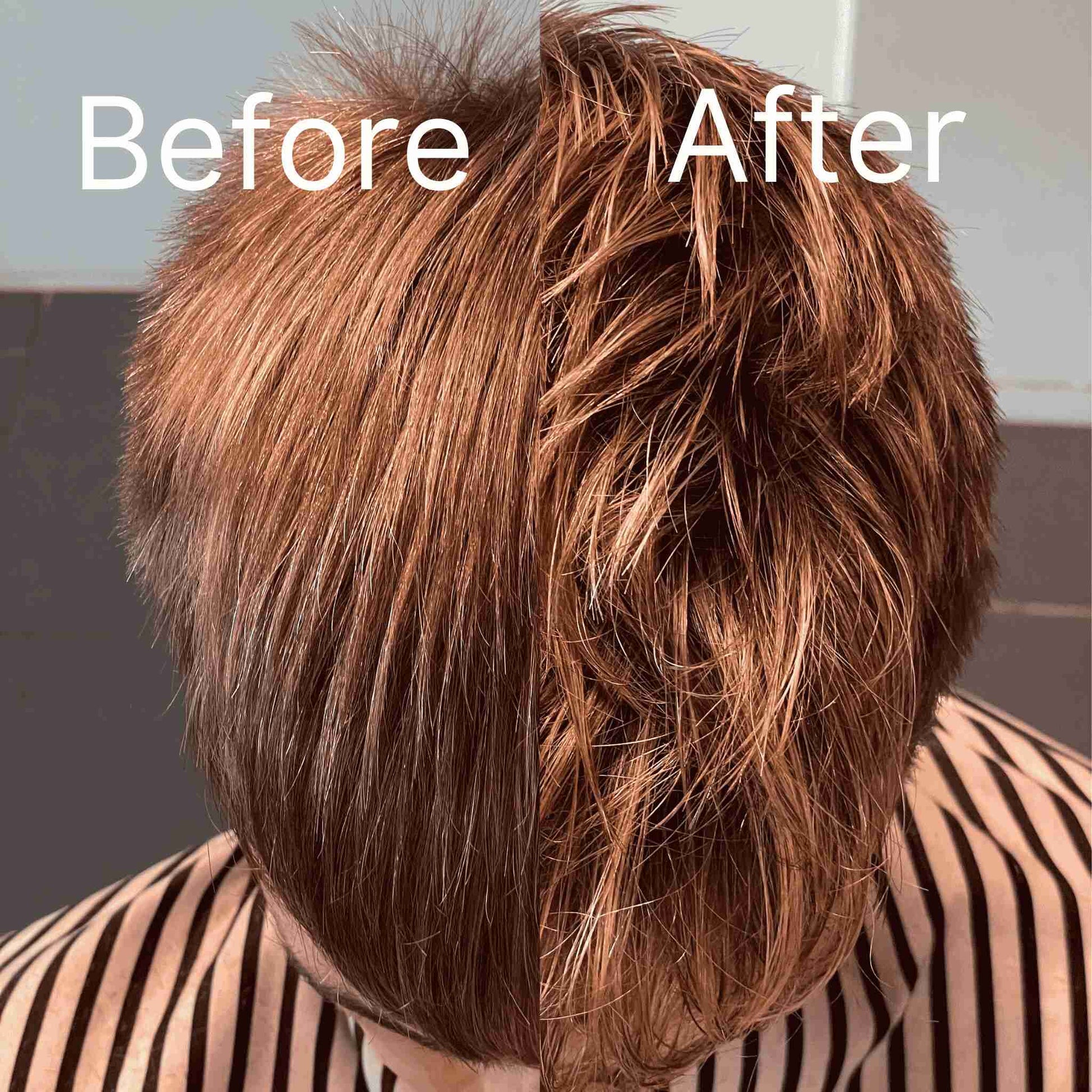Comparison of hair before and after styling, with Essenza Tradizionale Sea Salt Spray