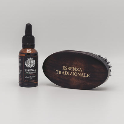 Bottle and brush with 'Essenza Tradizionale' branding on a gray background