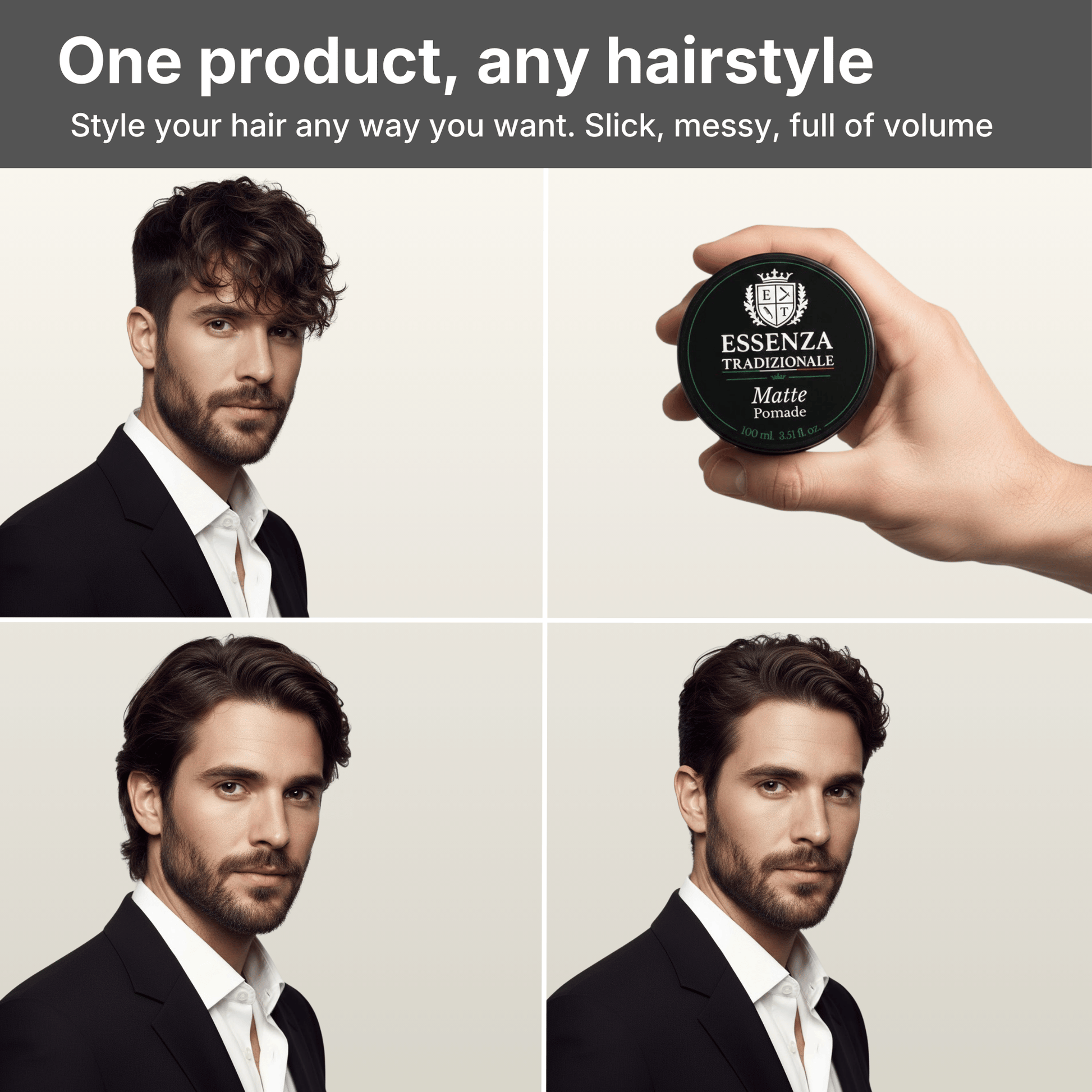 hair product showing a man with styled hair and a hand holding the product.
