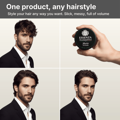 hair product showing a man with styled hair and a hand holding the product.