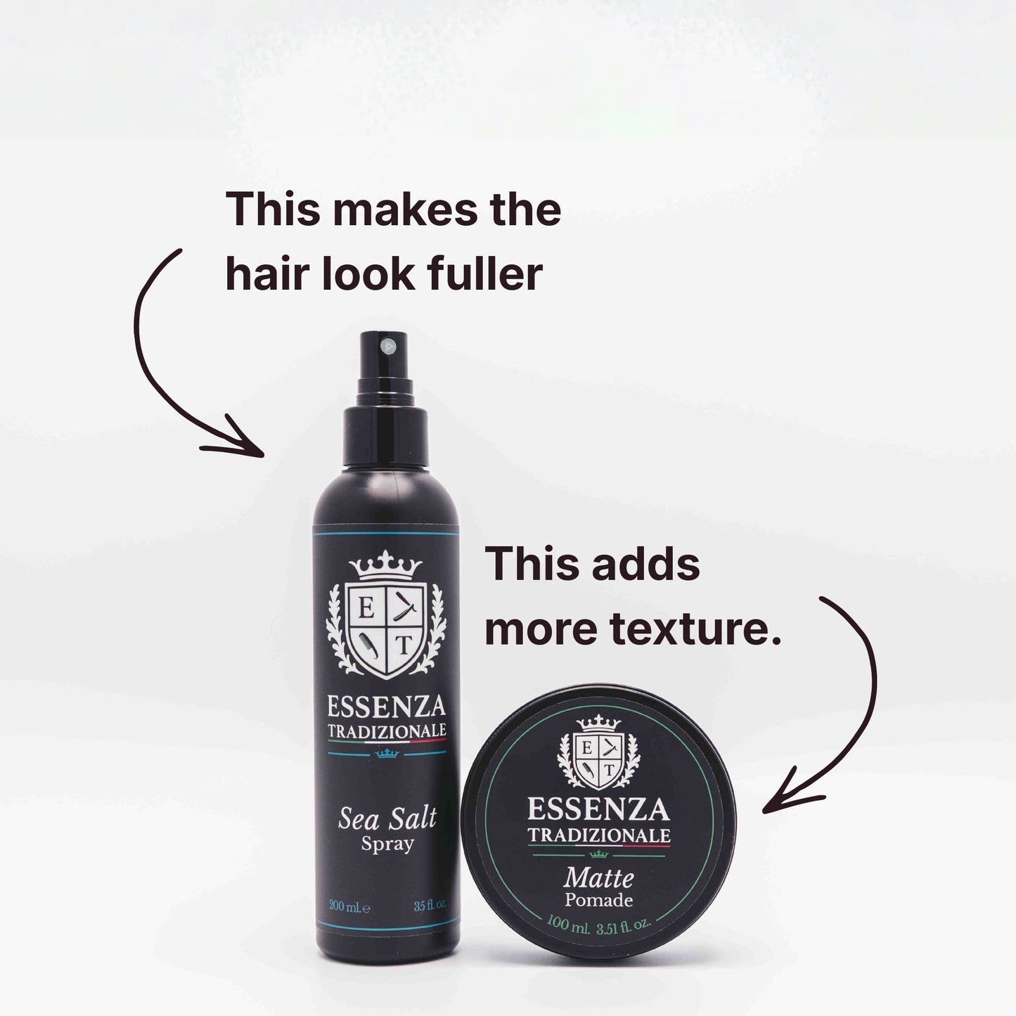 Essenza Tradizionale Sea Salt Spray and Matte Pomade with text on a white background