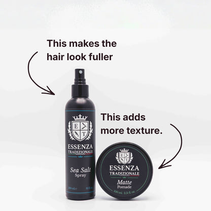 Essenza Tradizionale Sea Salt Spray and Matte Pomade with text on a white background