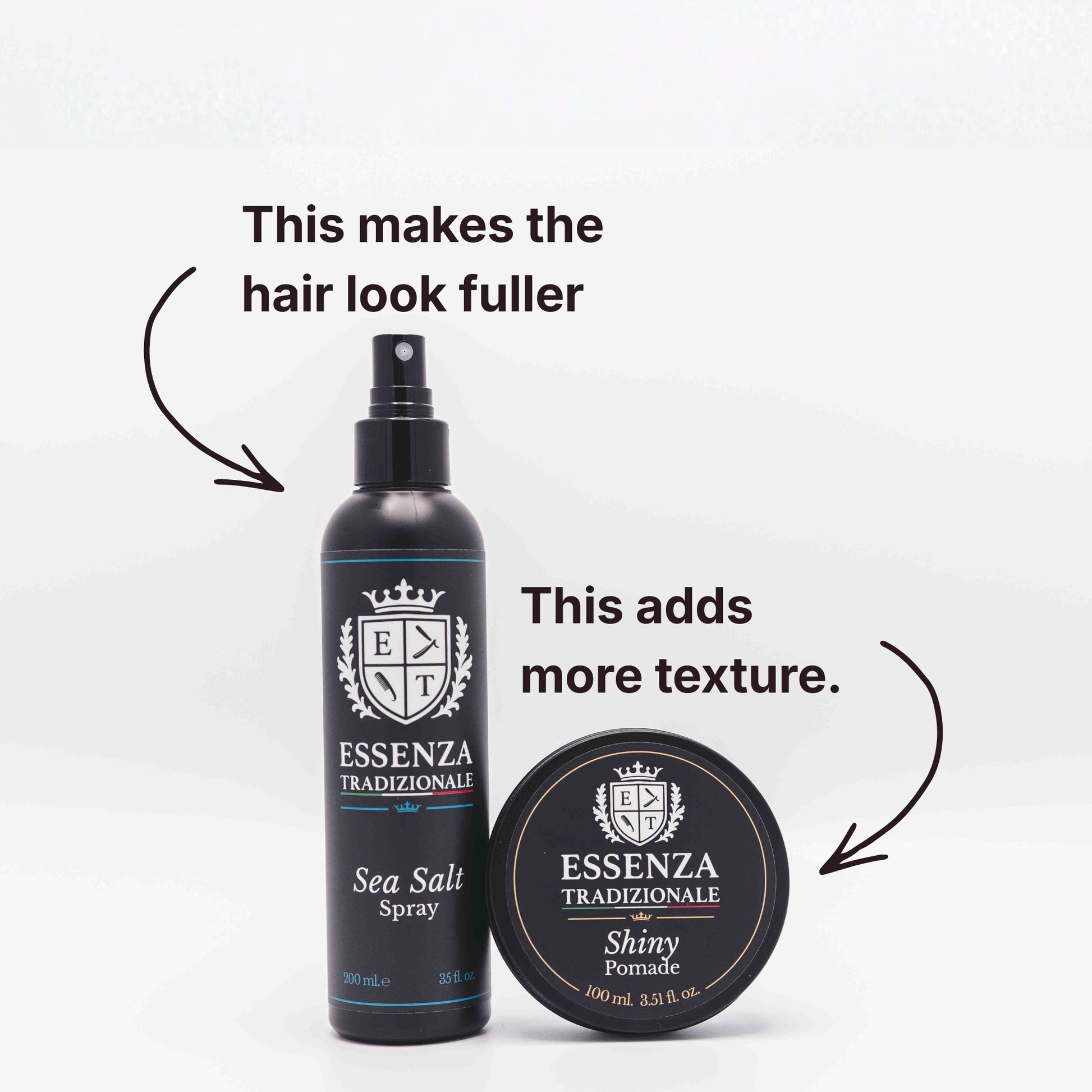 Two hair care products, Sea Salt Spray and Shiny Pomade, from Essenza Tradizionale on a white background.