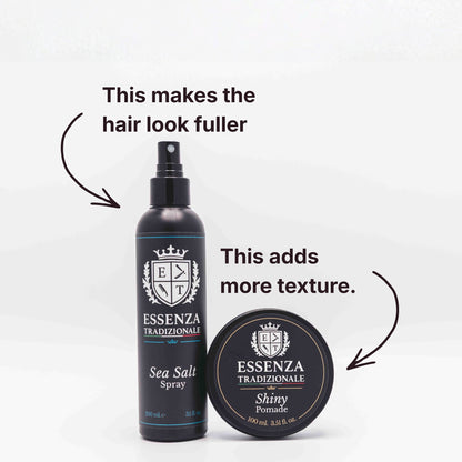 Two hair care products, Sea Salt Spray and Shiny Pomade, from Essenza Tradizionale on a white background.
