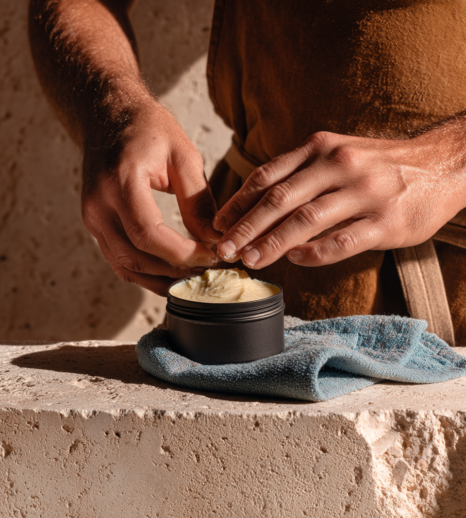 Person applying cream to a container on a stone surface with a towel nearby.