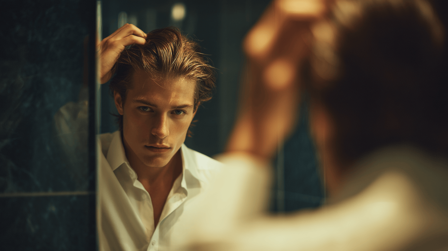 Man adjusting his hair in front of a mirror