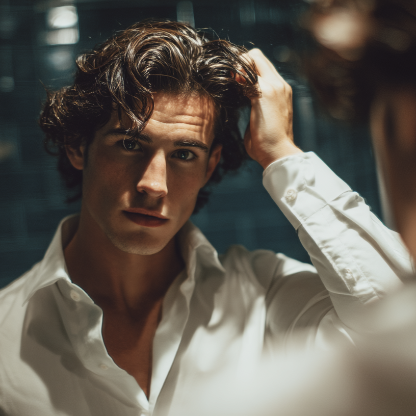 Man adjusting his hair in front of a mirror