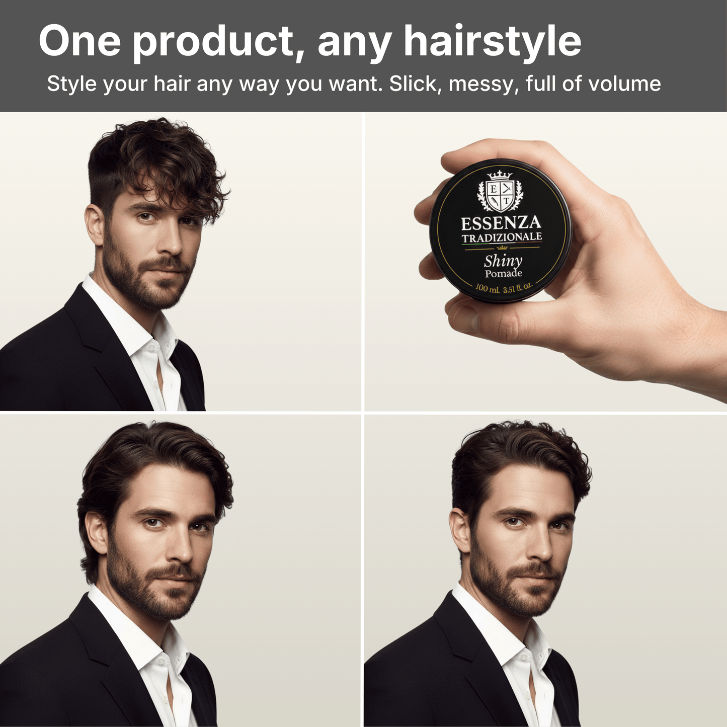 Essenza Fradanzole hair product showing a man with styled hair and the product itself.
