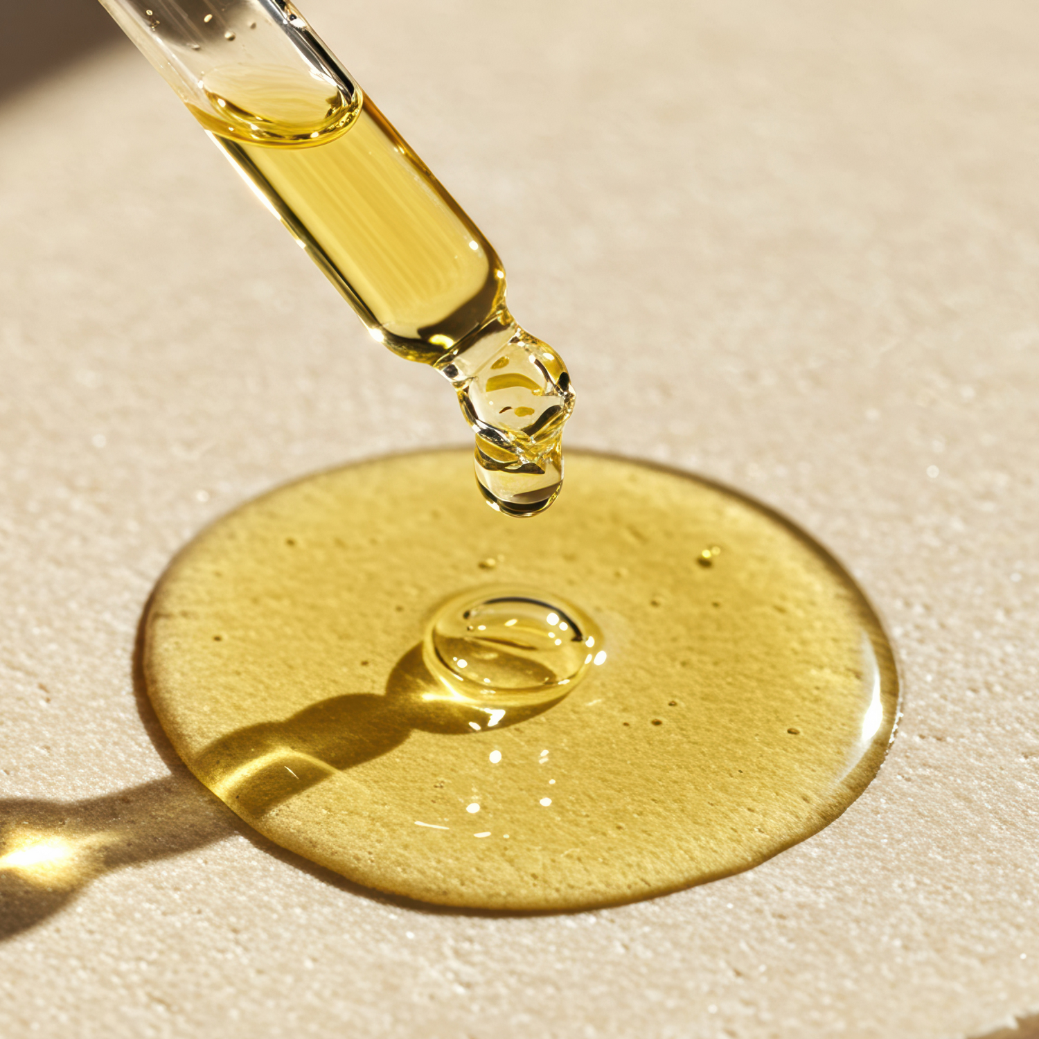 Gold dropper bottle with argan almond and rice oil on a beige background