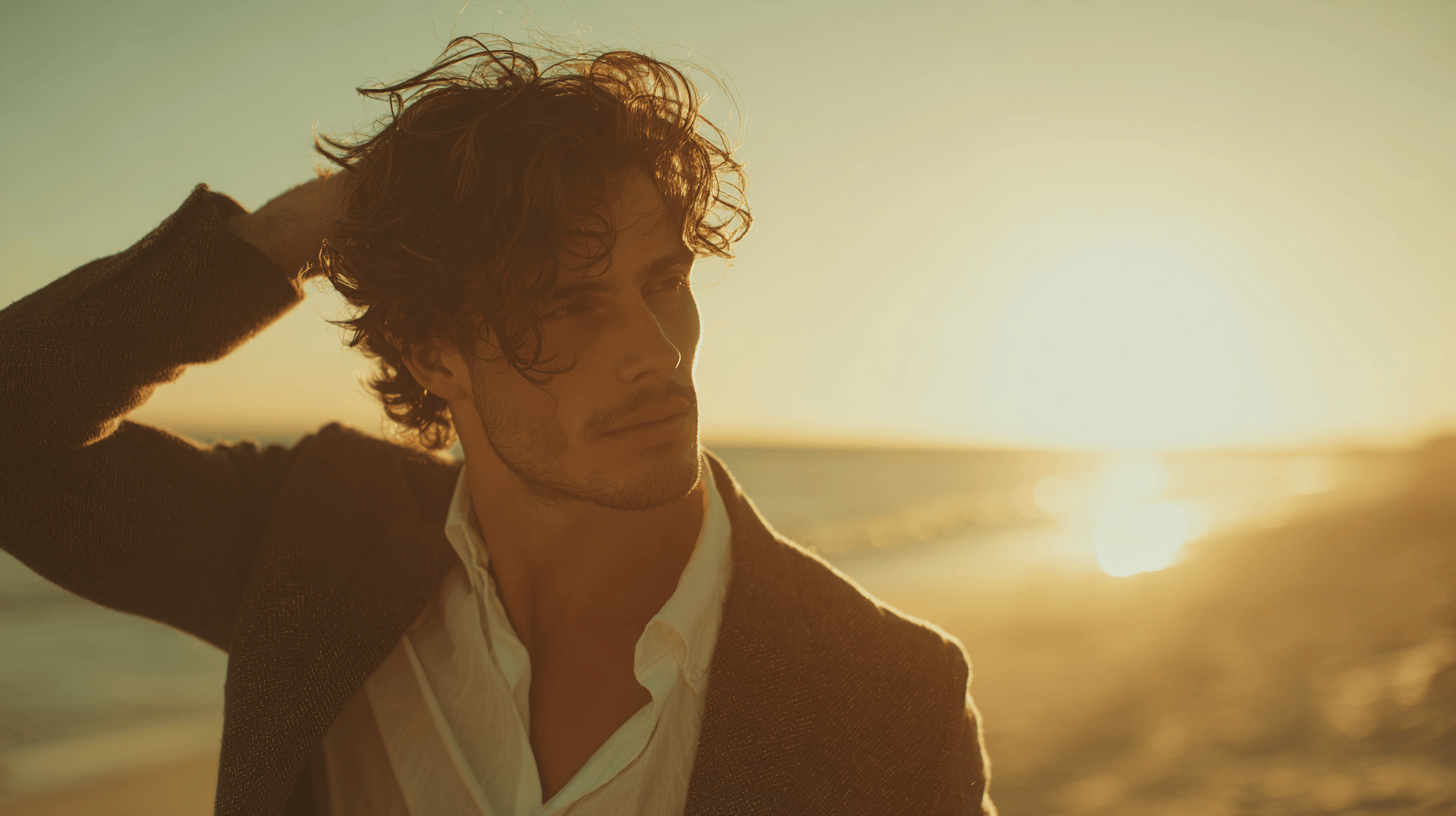Man with curly hair standing on a beach at sunset