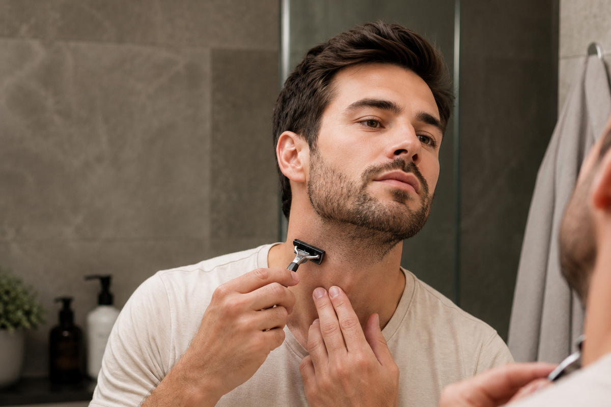 Man shaving his neck in front of a mirror in a bathroom.