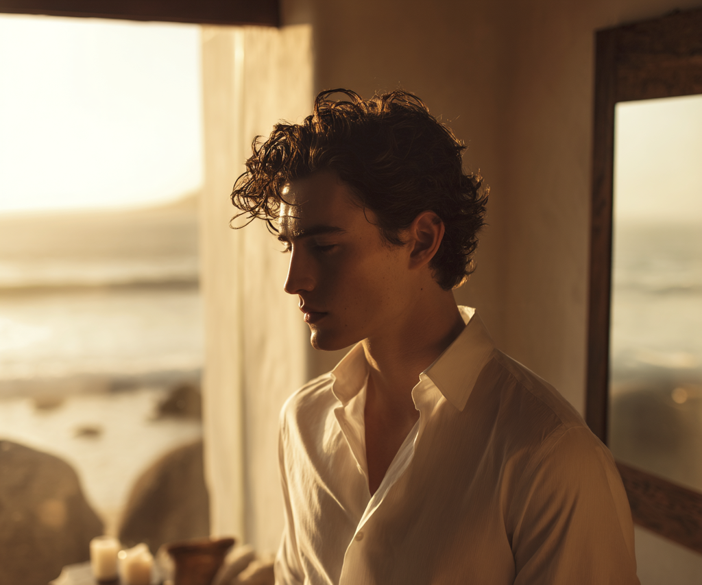 Man in a white shirt standing by a window with a warm glow