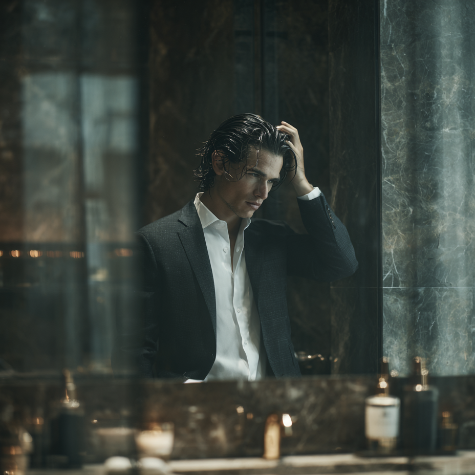 Man adjusting his hair in a bathroom mirror with marble walls and toiletries on the counter.