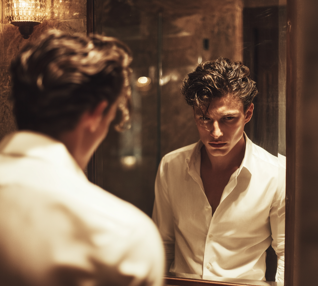 Man looking at himself in a mirror wearing an unbuttoned white shirt.