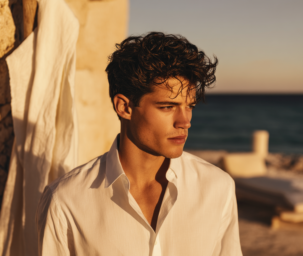 Man in a white shirt standing by a stone wall with ocean view